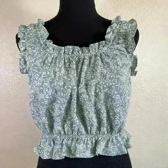 Storia green white floral smocked shirred ruffle cropped top women size medium - Picture 1 of 8
